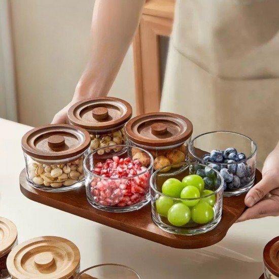 Wooden & Glass Serving Platter with Wooden Stand - 6 Pieces